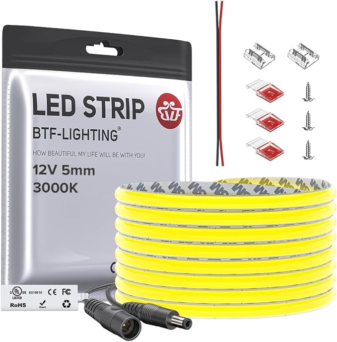 BTF-LIGHTING FCOB COB 5mm Width UL Listed Super Narrow Flexible Uniform Light LED Strip 16.4FT DC12V 3000K CRI 90+ Dimmable LED Ribbon for Kitchen Home Indoor Decoration(No Adapter or Controller)