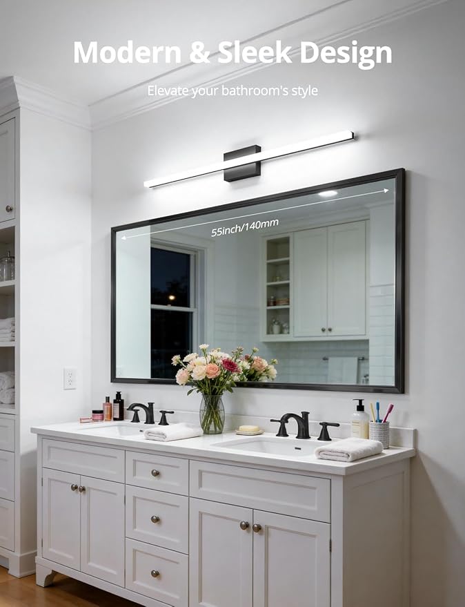 Combuh 48Inch Bathroom Vanity Light Fixtures Extra Long Lighting Bar Above Mirror, Modern Black Bright 23W 2300LM Wider Coverage Slim Sleek IP44 Rustproof LED Bath Wall Sconce for Makeup Cool White