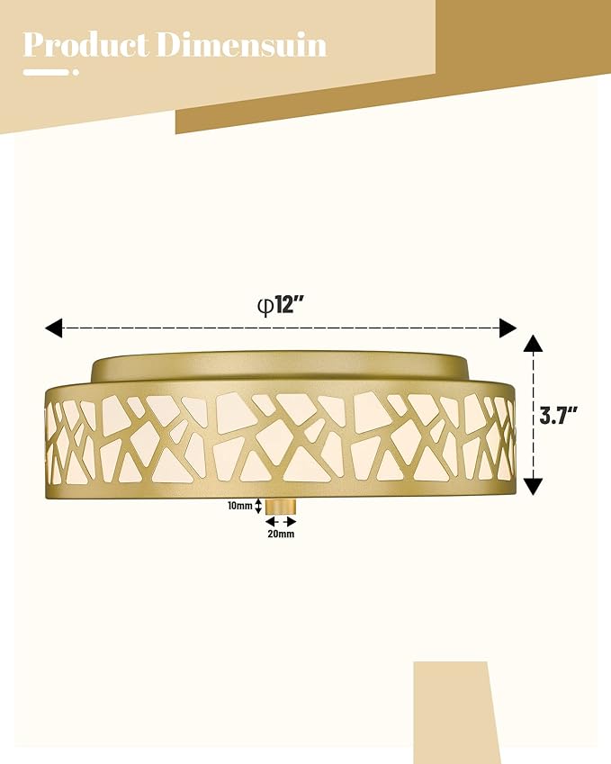 2 Pack Flush Mount Ceiling Light, 12 inch Gold Ceiling Light, 2-Lights Lights Fixture Ceiling Mount with Frosted Glass Shade for Hallway, Kitchen, Bedroom,Foyer,Entryway
