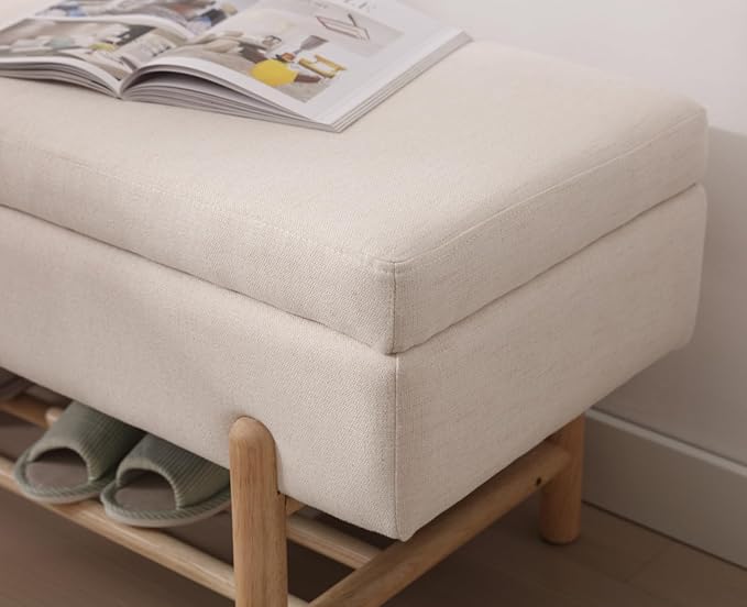 EALSON Modern Storage Ottoman Bench Upholstered Fabric End of Bench with Seating and Wood Shoe Rack Long Entryway Bench for Bedroom/Living Room/Foyer, Linen Beige