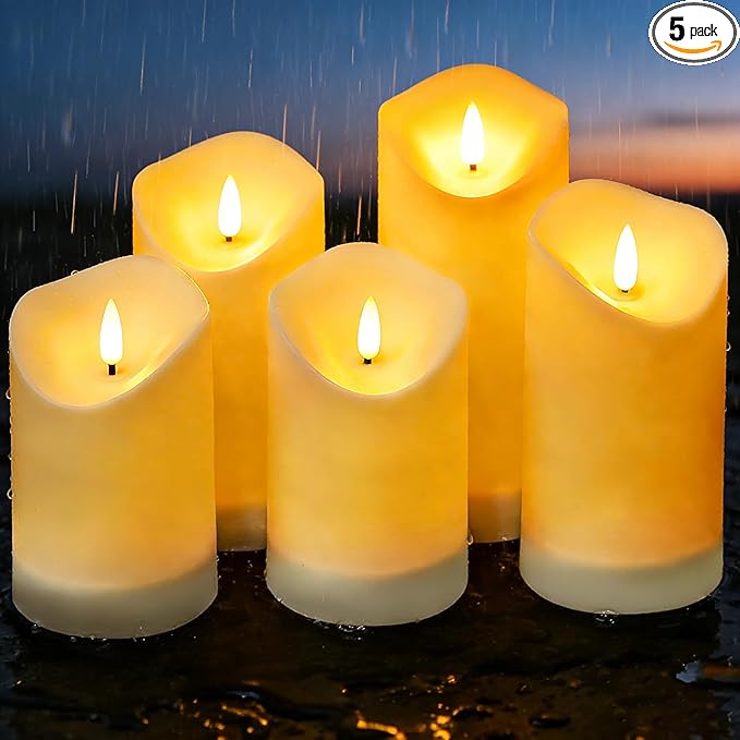 Solar Outdoor Waterproof Flameless Candles - 5 Pack Solar & Battery Operated LED Candles, White (D3.25" x 4"/5"/6" Assorted Heights) for Garden, Patio, Outdoor Decoration