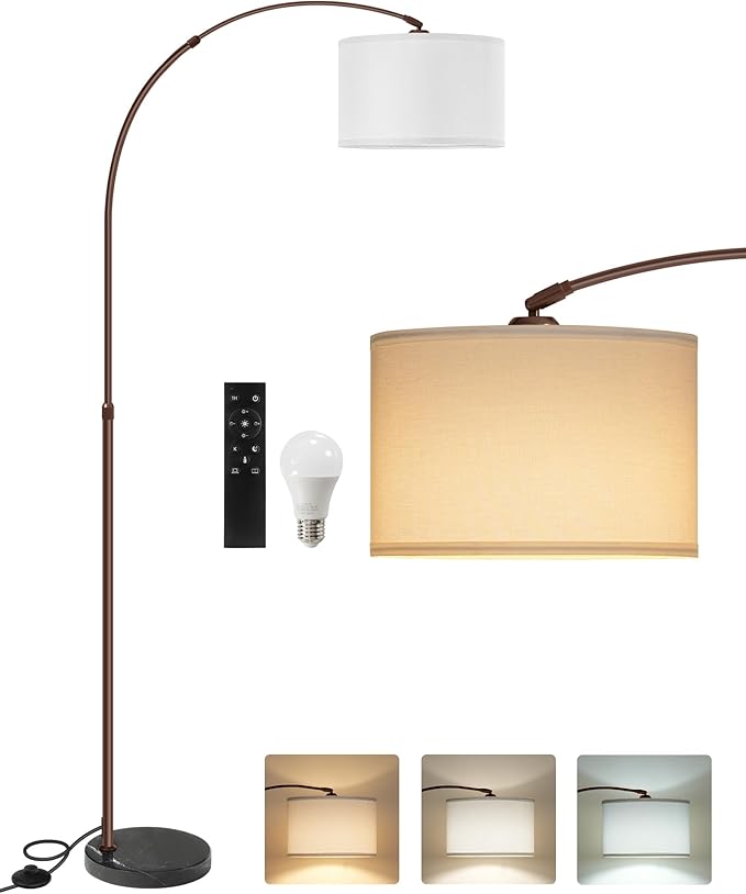 75" Arc Floor Lamp with Marble Base and Adjustable Height, Rotating Hanging Shade, Dimmable Floor Lamp for Living Room with Remote and Foot Switch, 3CCT, Over Couch Arched Light, White Brown VW15LD05