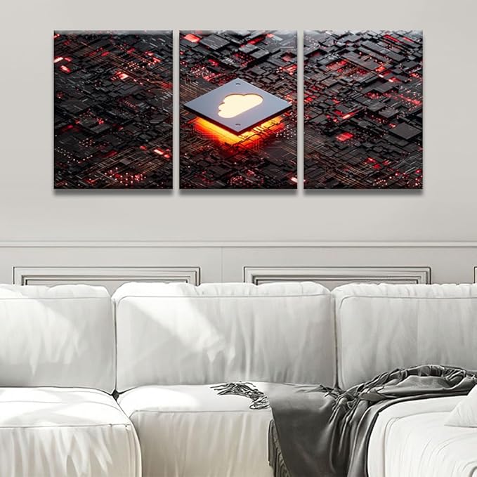 Modern Wall Art 3 Panel Wall Art CPU Cloud Computing Pictures Print On Canvas Wall Decor for Living Room, Wooden Framed Gallery-Wrapped Ready to Hang 12x16inchx3