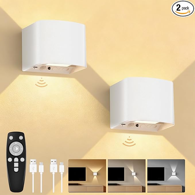 Battery Operated Wall Lamps with Motion Sensor, 6000mAh Rechargeable Wireless LED Sconce with Remote Control, Stepless Dimming, 2700-6500K, Adjustable Beam Angle, White Wall Lights for Bedroom, 2-Pack