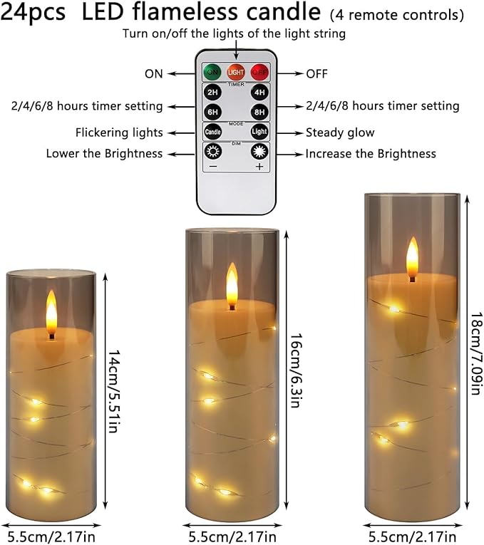 24 Pack Flameless LED Pillar Candles with Remote & Timer, Flickering Battery Operated Candles with Embedded Starry Lights, 3-Sizes Gray Acrylic Decorative Candles for Wedding, Home, Party Decor
