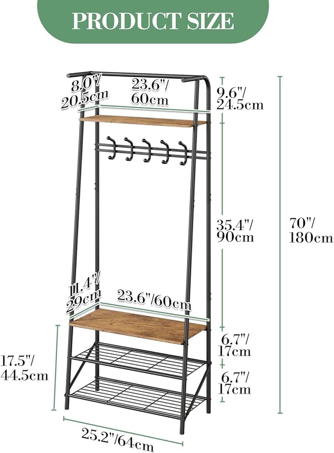 4-In-1 Hall Tree Entryway Organizer with 5 Hooks and Shoe Storage Bench, Sturdy Metal Frame, Wood Look Accent for Coat, Hat, and Bag Organization in Entryway, Living Room, or Bedroom
