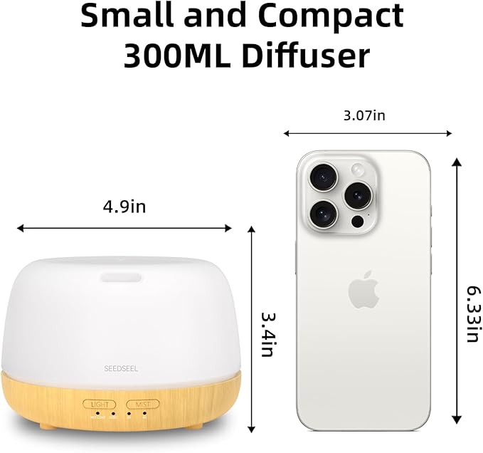 300ML Essential Oil Diffuser,Quiet 8 Hours Operation, 7-Color LED Light, 4 Timer, Remote Control, Aromatherapy Diffuser Auto-Off, for Bedroom, Living Room, Office, Home
