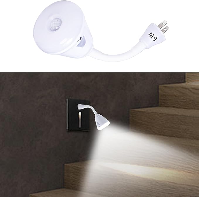 Plug in Motion Sensor Night Light Indoor LED Infrared Motion Detector Night Light for AC Outlet, Dusk to Dawn Sensor, 360° Rotating for Stairs Garage, 6W Cool White Light US Plug