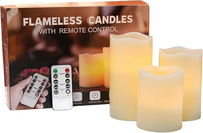 Flameless Flickering LED Battery Candles :Set of 3 Ivory Real Wax Pillar Operated Fake Faux Lights with Remote Control and Timer Function Flicker Candle for Decoration Christmas Votive Garden Outdoor