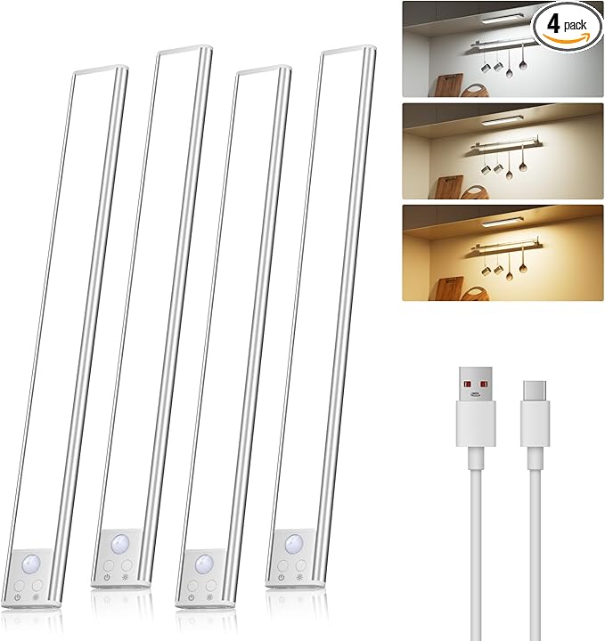 Diomart Under Cabinet Lights Wireless, Motion Sensor LED Closet Light Rechargeable, Motion Sensor Light Indoor Stick on Under Counter Lights for Kitchen, Stairs, 4 Pack