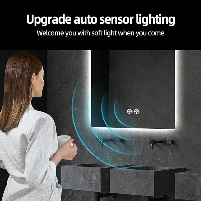 Backlit LED Bathroom Mirror, Infrared Motion Sensor Vanity Mirror with 3-Color Lights, Stepless Dimmable Wall Lighted Mirror with Anti-Fog, Memory, Rectangular (36" H x 28" W)