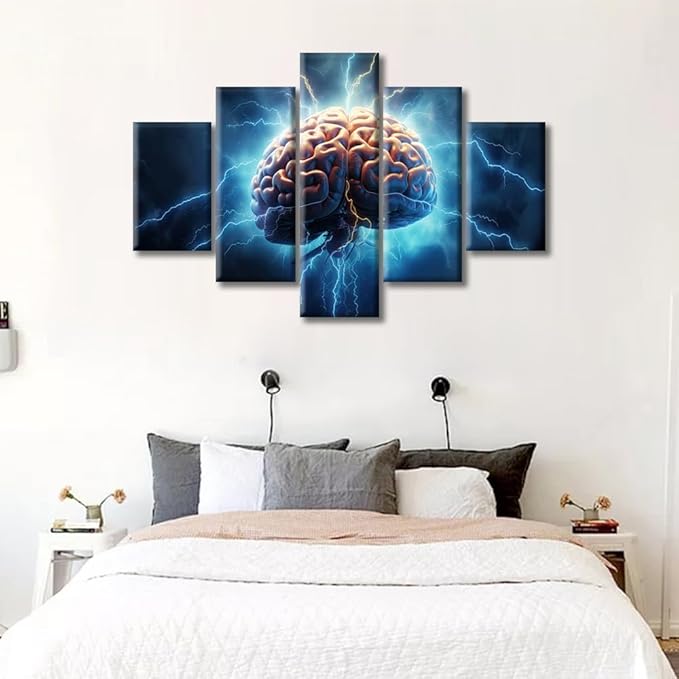 5 Pieces Canvas Prints Brainstorming Concept Wall Art Modern Home Decor Brain Power Lightning Poster Living Room Bedroom Decoration Artwork Painting Framed Ready to Hang, (60"Wx40"H)