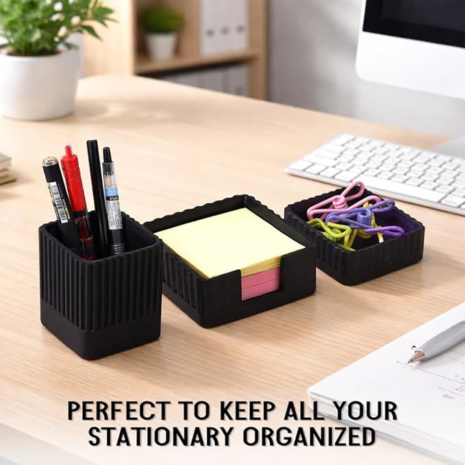 Desk Organizer Set of 3 for Office Accessories - Includes Pen Holder, Paperclip Storage, and Sticky Note Holder - Aesthetic Concrete Desktop Accessories for Women or Men, Office Decor (Black)