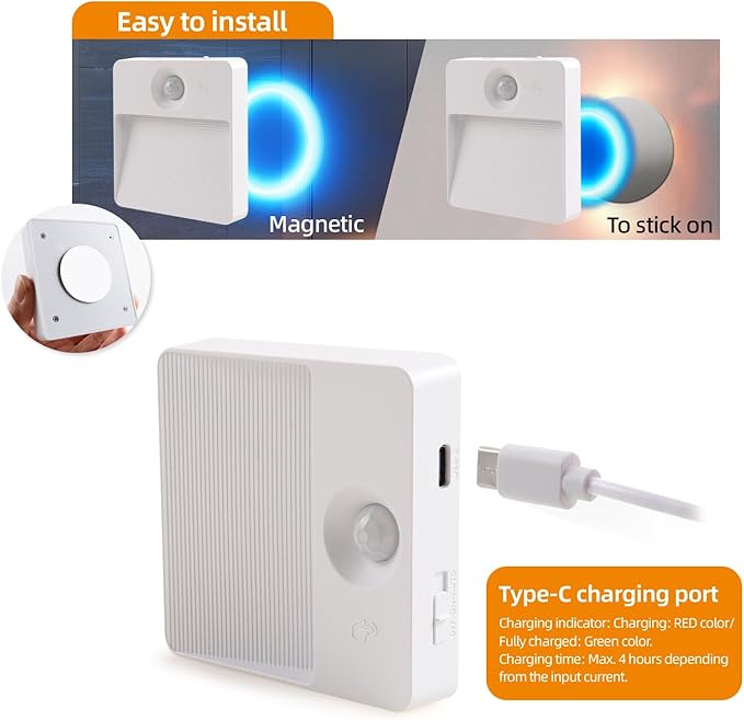 DAMI Rechargeable Motion Sensor Night Light Indoor, 2 Pack - Dimmable LED Closet Lights with 3 Color Temperatures, Magnetic Stick-On Wireless Under Cabinet Lighting for Hallway, Stairs, Kitchen