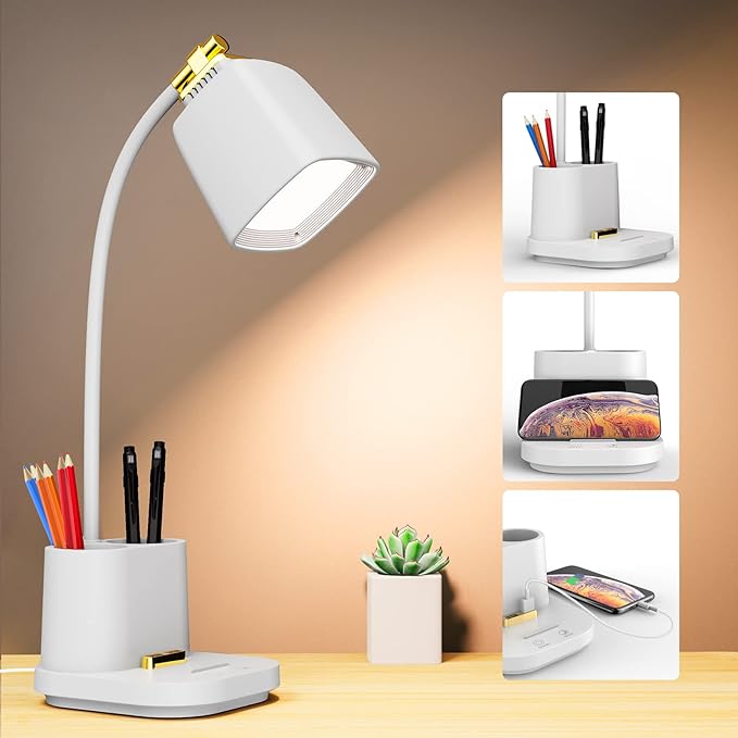 LED Desk Lamp with USB Charging Port Touch Control 3 Color Modes, Stepless Dimming,Eye-Caring LED Table Lamp for Home,Office,Bedroom,Reading,Work,Study,Gooseneck Lamp, 5V, 2.4A