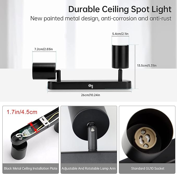 Adjustable Spotlight Ceiling Light Fixture 2 Light Gu10 Track Lighting Indoor Directional Light Ceiling Spot Light for Kitchen, Bedroom, Picture Wall, Hallway, Office, Bar (Black-2 Light)