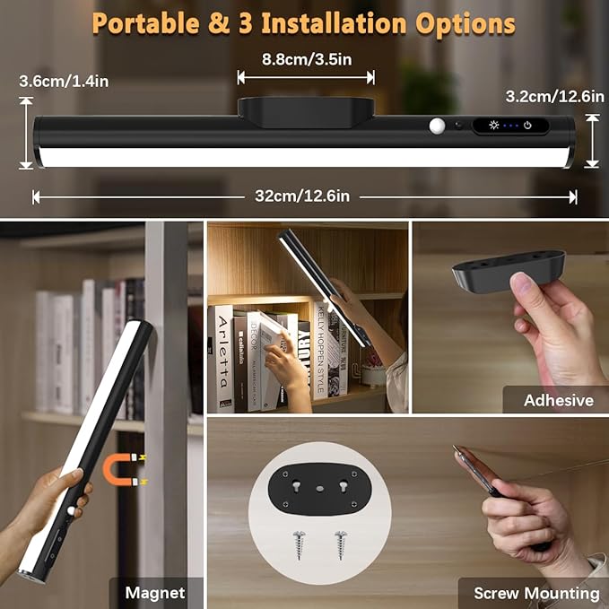 Battery Powered Operated Wall Strip Lights, Motion Sensor LED Light Bar Indoor, Rechargeable Magnetic Under Cabinet Lighting Wireless with Remote Control for Closet Mirror Kitchen - Black