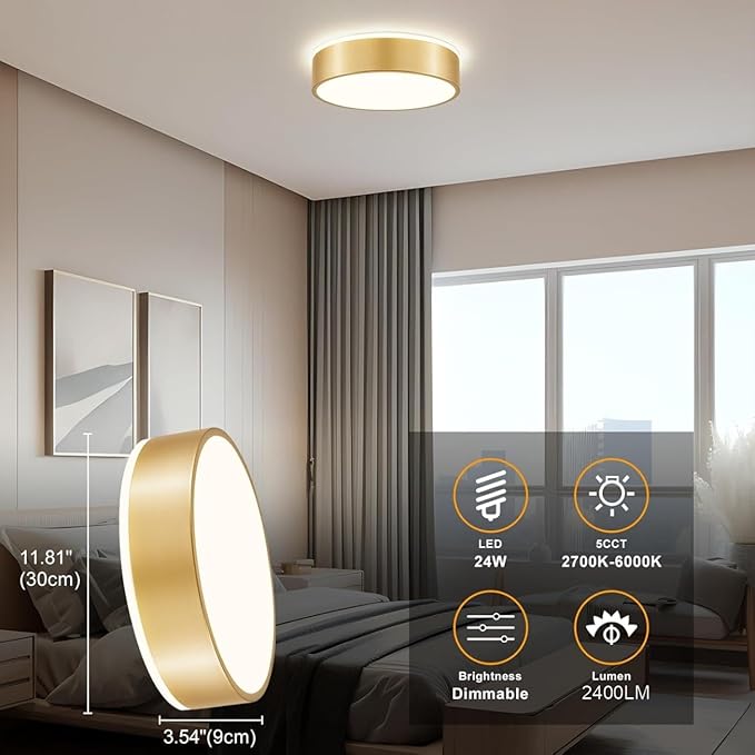 Gold Flush Mount Ceiling Lights, Modern Dimmable 5CCT Close to Lighting Fixture, 2700K-6000K LED Round Ceiling Lamp for Kitchen Hallway Bedroom Laundry Room Entryway Bathroom-11.8in