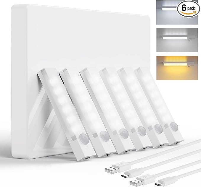 Under Cabinet Lights 4 Inch 6-Pack, Rechargeable Motion Sensor Light Indoor 3 Colors, Dimmable Closet Lights, Wireless Under Counter Lights for Kitchen, Stairs