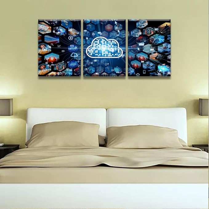 Canvas Wall Art Cloud Computing Concept Communication Network Pictures Posters, 3 Panel Modern Wall Art for Home Decoration, Framed Gallery-Wrapped Ready to Hang, 12x16inchx3