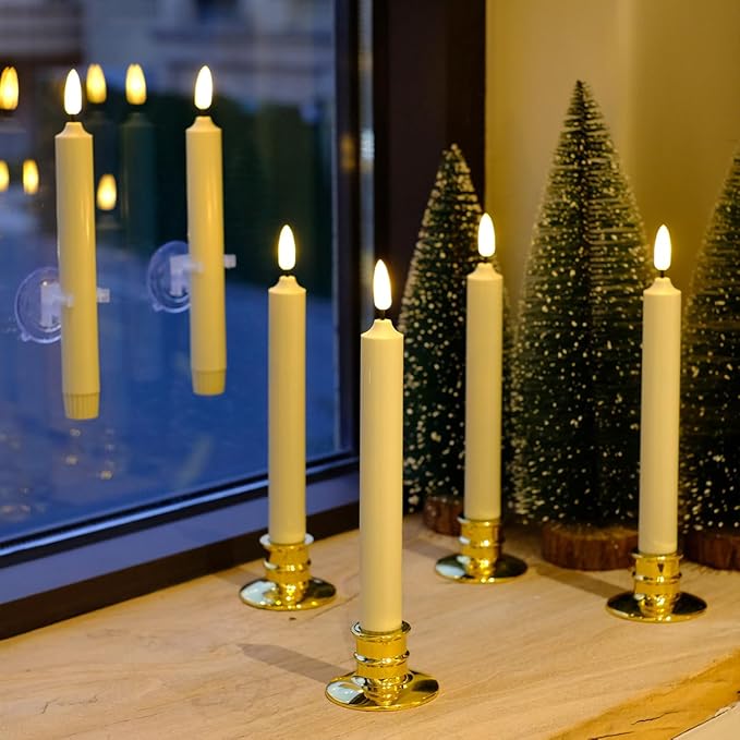 NONNO & ZGF 6PACK Flameless 8'' Window Candles +12 AA Batteries(Include)+6 Suction Cup+6 Golden Candleholders. Battery Powered Ivory Taper Candles with Remote and Timer.Remote Included