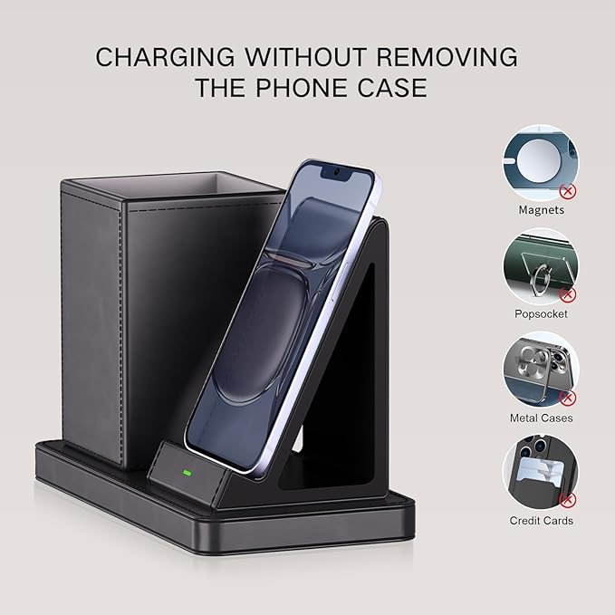 Multi-Functional Pencil Holder for Desk,Gray Vegan Leather Organizers with Remote Control Holder,Pencil Holder,Desk Organizer with Phone Wireless Charger for Office/Nightstand/Endtable