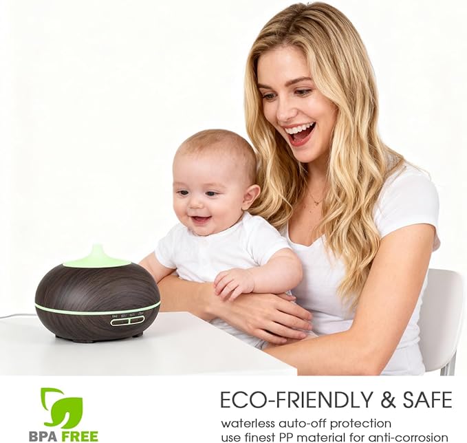 550ml Large Capacity Essential Oil Diffuser with 6 Essential Oil Set, Aromatherapy Ultrasonic Air Humidifier with Timer Setting, 7 Color LED Night Light and Waterless Auto-Off Functions for Home, Spa