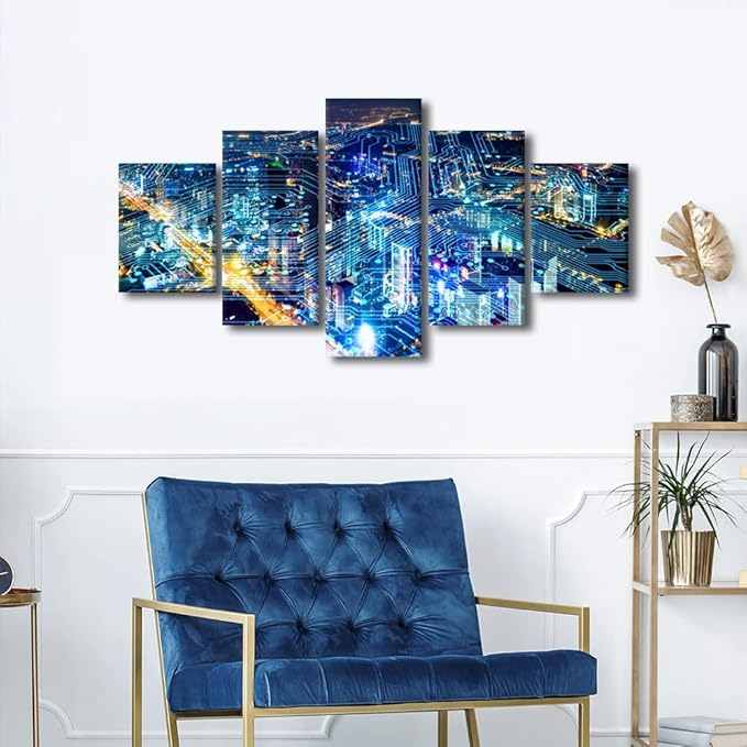 Wall Art Modern Cityscape Picture Internet Companies Decoration Poster 5 Panel Smart City Decor Men Home Office Wall Decor Native Americans Living Room Canvas Art Stretched Ready to Hang 60x32 Inch