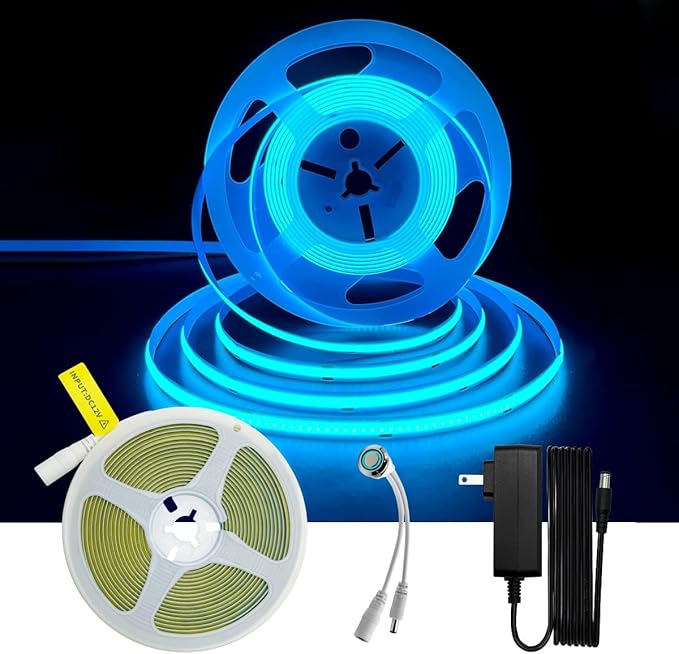 HAMRVL COB LED Strip Lights Ice Blue,16.4ft DC12V Dimmable LED Light Strip with 1600 LEDs, Touch Dimmer, 12V Adapter, Flexible Super Bright Indoor COB LED Lights for Cabinet Home DIY Lighting Projects