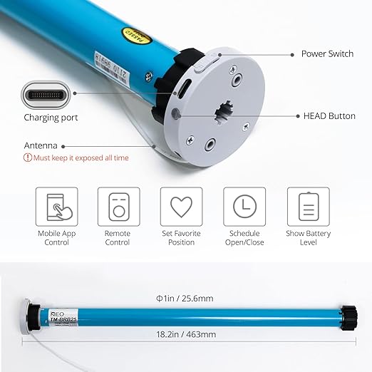 DIY Retrofit 8.4V Smart Battery RF Tubular Motor BRB25 for 1.5in / 38mm Roller Blind Tube - Mobile App & Remote Control, Compatible with Alexa Google Control4 Savant IFTTT Smart Home Systems