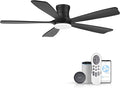 52"Wood Smart Flush Mount Ceiling Fans with Lights Remote,Control via WIFI Alexa Google App,6 Speed,Quiet DC Motor,Modern Black Outdoor Indoor Low Profile Ceiling Fan for Bedroom Patio Porch