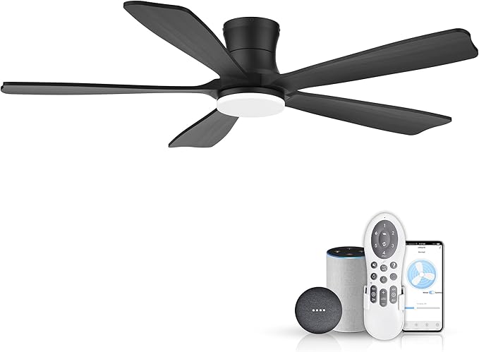 52"Wood Smart Flush Mount Ceiling Fans with Lights Remote,Control via WIFI Alexa Google App,6 Speed,Quiet DC Motor,Modern Black Outdoor Indoor Low Profile Ceiling Fan for Bedroom Patio Porch