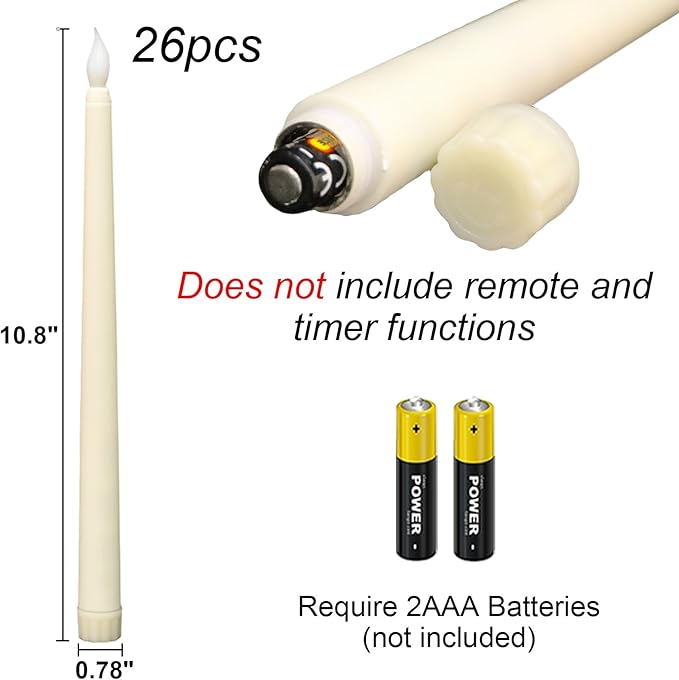 GenSwin 26 Pcs Flameless Taper Candles with 3D Wick, LED Taper Candles Battery Operated, Flameless Battery Candlesticks for Home Party Wedding Christmas Decor(Ivory, 0.78”x10.8”)