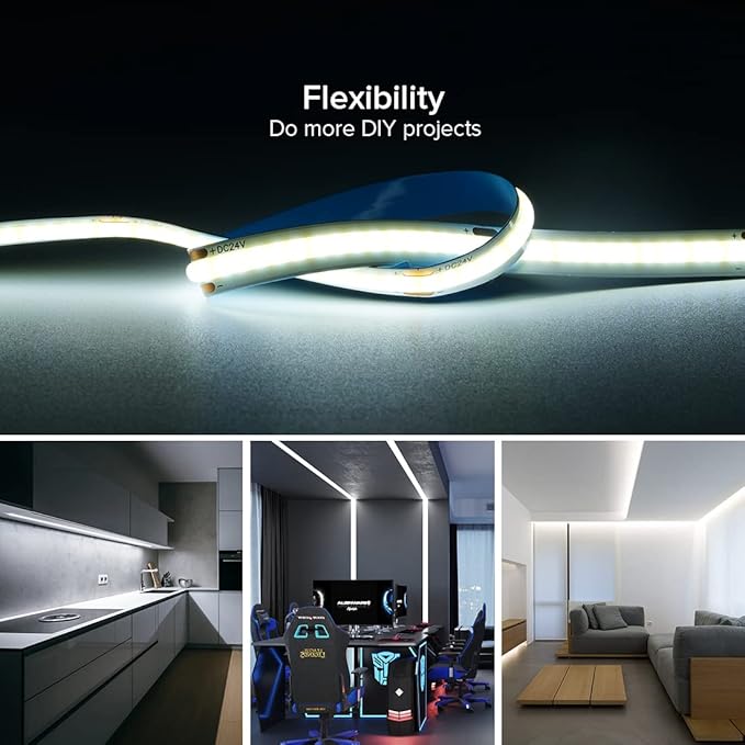 16.4FT DC24V COB LED Strip 6000K Cool White 320LEDs Flexible High Density Uniform Bright Light Strip 9W/m, CRI90+ Dimmable LED Light for DIY Kitchen Bedroom Home Decor, No Power and Controller