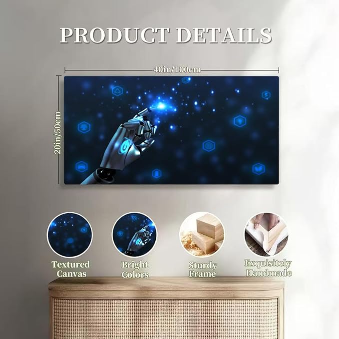 Wibinuki Wall Art Wall Decor Wall Paintings robot ai artificial intelligence pointing finger touch screen blue for Living Room Bedroom Bathroom Home Decor Can Be Hung Directly 20"x 40"