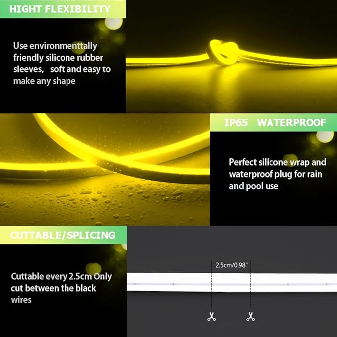 Neon Light Strip/32.8FT/10M Flexible and Waterproof LED Rope Light with Mounting Clips for Indoor & Outdoor Use, [Power Adapter Not Included] Yellow