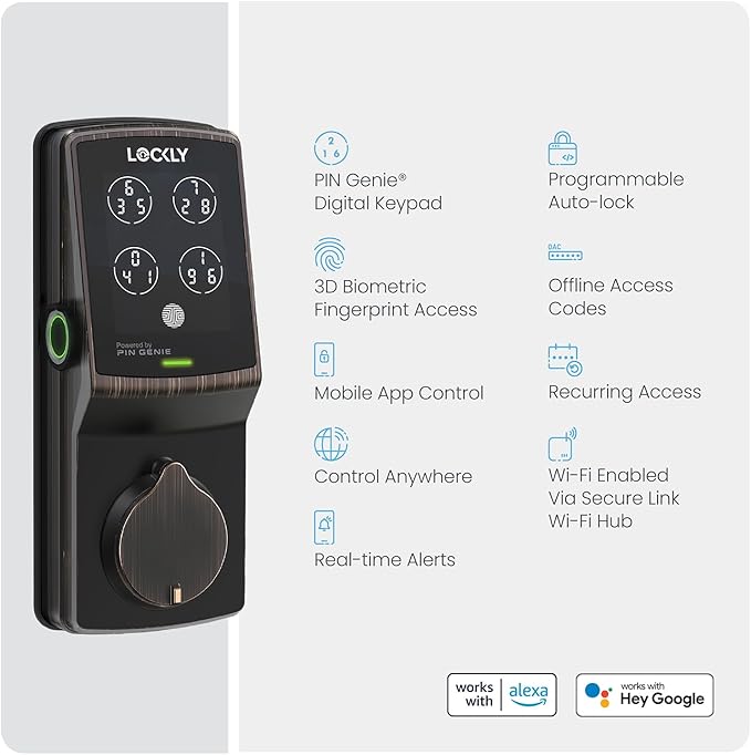 Lockly Secure Pro Wi-Fi Smart Door Lock, Keyless Entry with PIN Genie® Digital Keypad, 3D Biometric Fingerprint Sensor Front Door Lock Deadbolt, Voice Control & Auto Lock - Left Fingerprint Edition