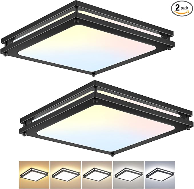Square Ceiling Light Fixture - 36W 3000K/3500K/4000K/5000K/6000K Adjustable Flush Mount Led Light for Bathroom Bedroom Kitchen Hallway (2 Pack Black(5CCT), 12 Inch)