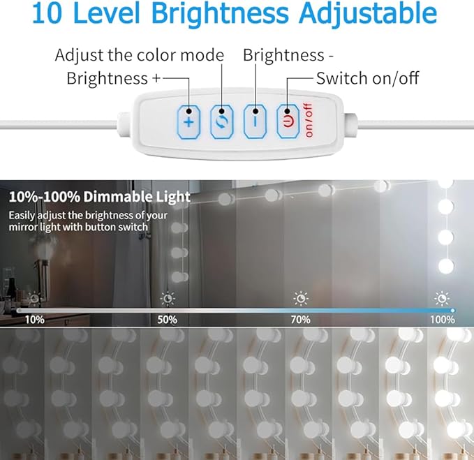 LED Vanity Lights for Mirror, Hollywood Style Vanity Lights with 10 Dimmable Bulbs, Adjustable Color & Brightness, USB Cable, Mirror Lights Stick on for Makeup Table Dressing Room (10 Lights)