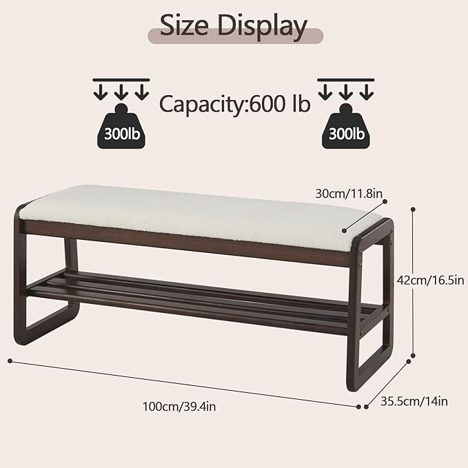 Shoe Rack Bench,2 Tier Solid Wooden Entryway Bench with Shoe Storage, Shoe Rack with Cushion for Living Room, Hallway(Cream White, 39.4")