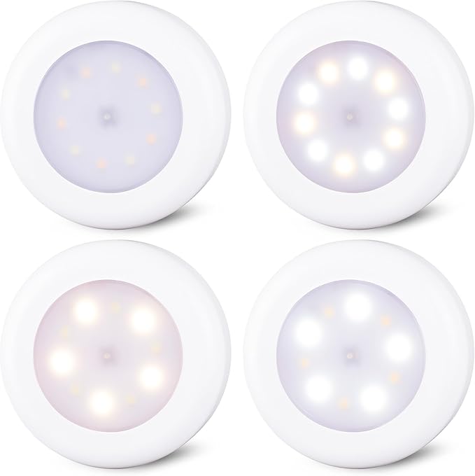 STAR-SPANGLED 4 Pack 3.1” Dimmable Push Tap Lights, Stick on LED Touch Puck Lights AA Battery Operated, 3 Color Modes Sticky Button Lamps for Classroom, Kitchen, Under Cabinet, Closet