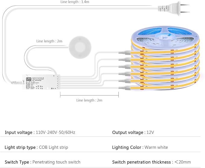 COB LED Strip Lights 12V Penetrable Wood Touch Dimmable LED Under Cabinet Light Kit with 60W Adapter 2M/6.56FT Flexible COB LED Strip for DIY Kitchen,Cabinet,Counter,Shelf,Showcase Decor