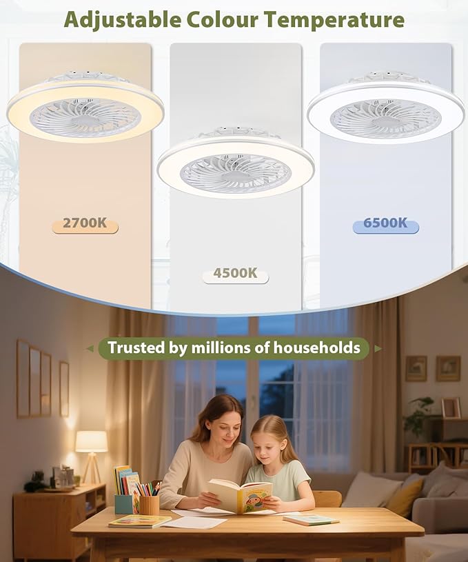 2-in-1 Low Profile Ceiling Fan with Light, 24” Caged Safety Design for Kids - RGB Color, Smart APP/Remote Control, Quiet Flush Mount DC Motor, Ideal for Bedroom/Living Room/Kitchen, White