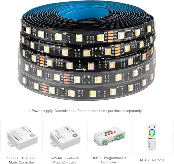 BTF-LIGHTING WS2805 IC RGBCCT Addressable Dual Data LED Strip 5050SMD 16.4FT 60LED/m 10Pixel/m 5 Colors in 1 Chasing Color RGB+CCT 3000K-6500K Lights Strip IP67 DC24V(No Adapter or Controller)