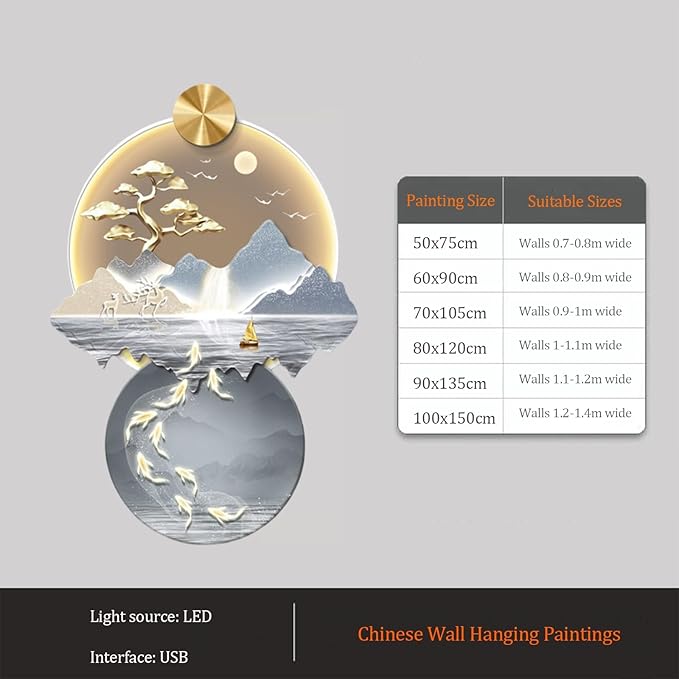 Zen LED Wall Art, Japanese Style Wall Hanging Wall Sculptures, USB Remote-Controlled Lighted Painting, Wall Decor for Meditation Room, Entryway & Spa(A,70x105cm)