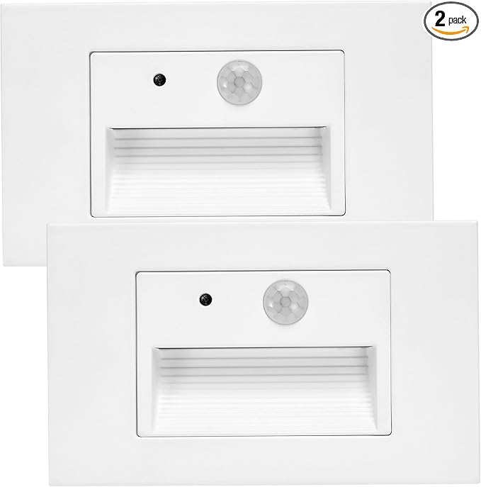 Maxxima 2 Pack Horizontal LED Motion Sensor Step Light - Modern Indoor/Outdoor Stair Light, 3 CCT Color Selectable 3000K, 4000K, 5000K, 160 Lumens, IP65 Rated for Outdoor and Damp Locations - White