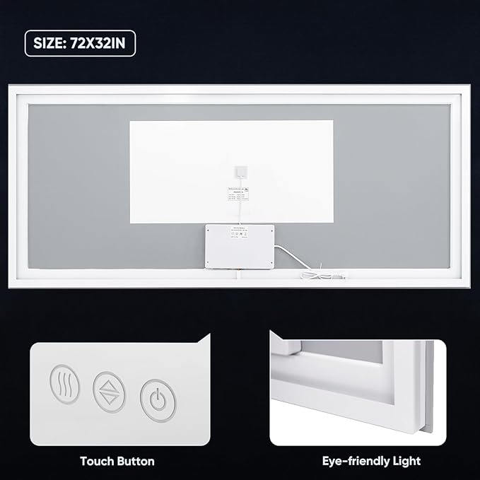 LED Bathroom Mirror, 72"x32" with Frontlit and Backlit Anti-Fog Mirror with Lights LED Vanity Mirror for Bathroom 3 Colors Temperature & Dimmable Bathroom Mirror with HD Tempered Glass