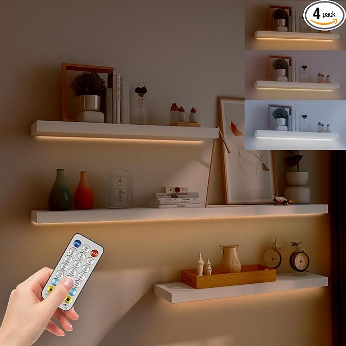 Under Cabinet Lights Wireless Battery Powered, Led Strip Lights with Remote, 20 inch Shelf Closet Lights Dimmable, 3 Color &12 Modes Cabinet Lighting for Shelves Drawer Wardrobe Hallway