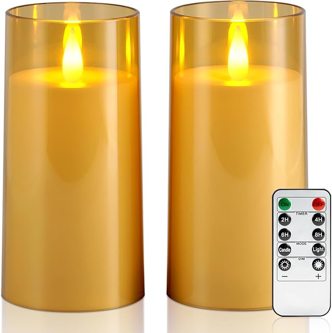 Raycare Flameless Electronic Pillar Candles with Remote Control and Timer- Battery Operated Realistic Flickering LED Fake Candle for Home, Wedding, Valentine's Day Decor, Gold,Set of 2(3"x6"6")