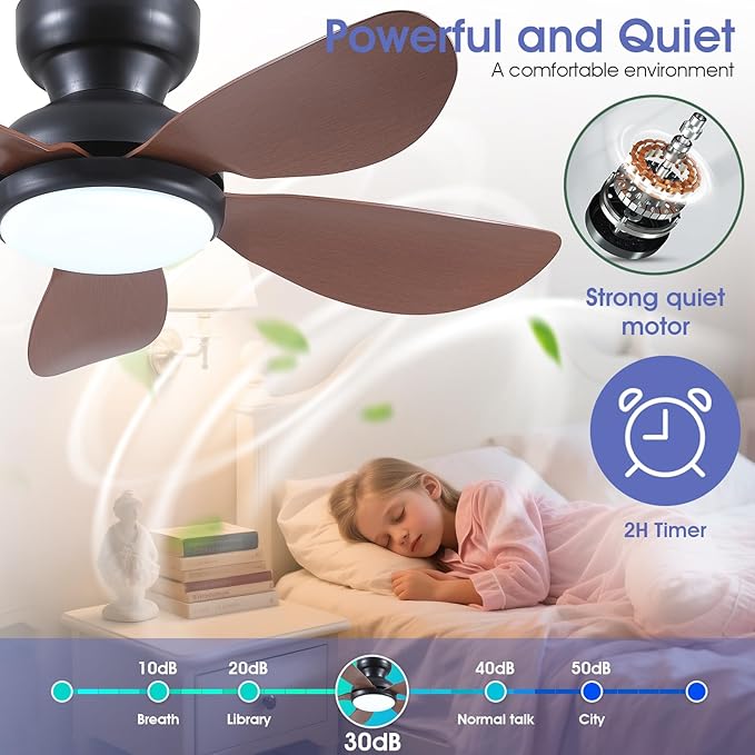 36 Inch Modern Ceiling Fans with Lights, Small Flush Mount Ceiling Fan with Light and Remote/APP Control, 5 Reversible 6 Speeds Curved Blades, 3 CCT Dimmable Lights for Kids Room, Brown